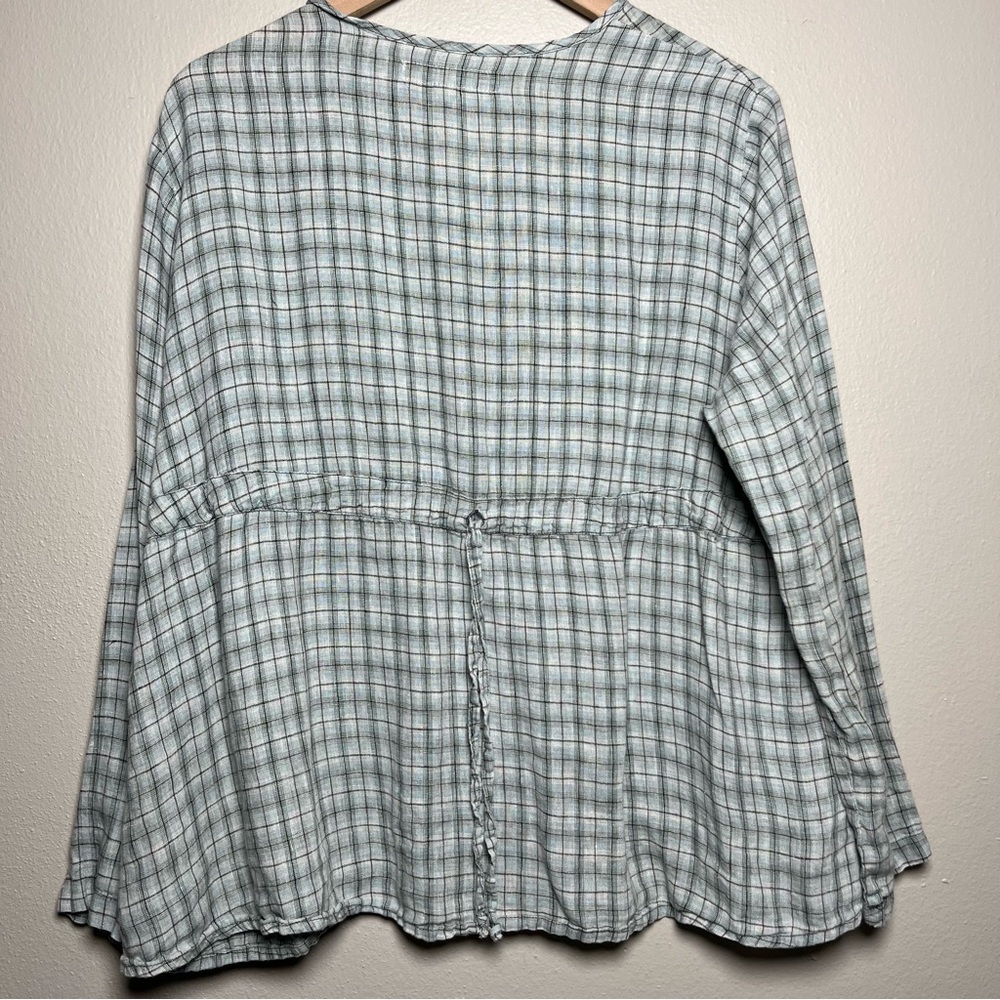 Flax Women 100% Linen Top Small Green Plaid Long Sleeve Buttons Coastal Lagenloo - Picture 6 of 10